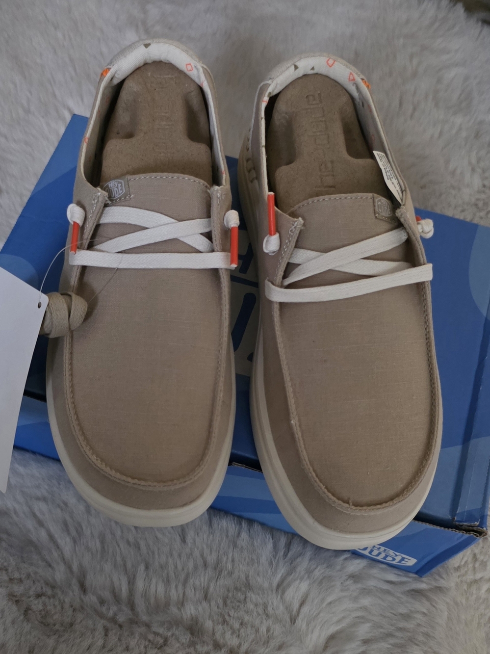Hey Dude Women's Beige Canvas Slip-On Flats with White Laces